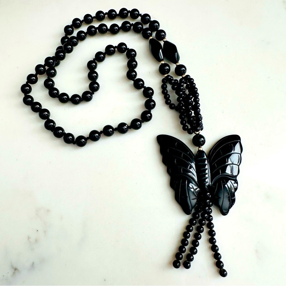 Vintage 1970’s Onyx Black Beaded Butterfly 26”Necklace